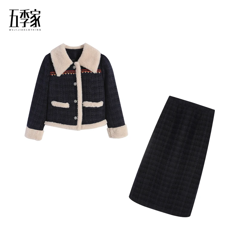 【五季家】大码冬季新款遮肉显瘦藏青色套装ZL113434