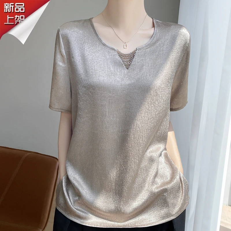品牌专场捡漏夏季褶皱肌理圆领缎面短袖宽松高级感洋气百搭T恤女