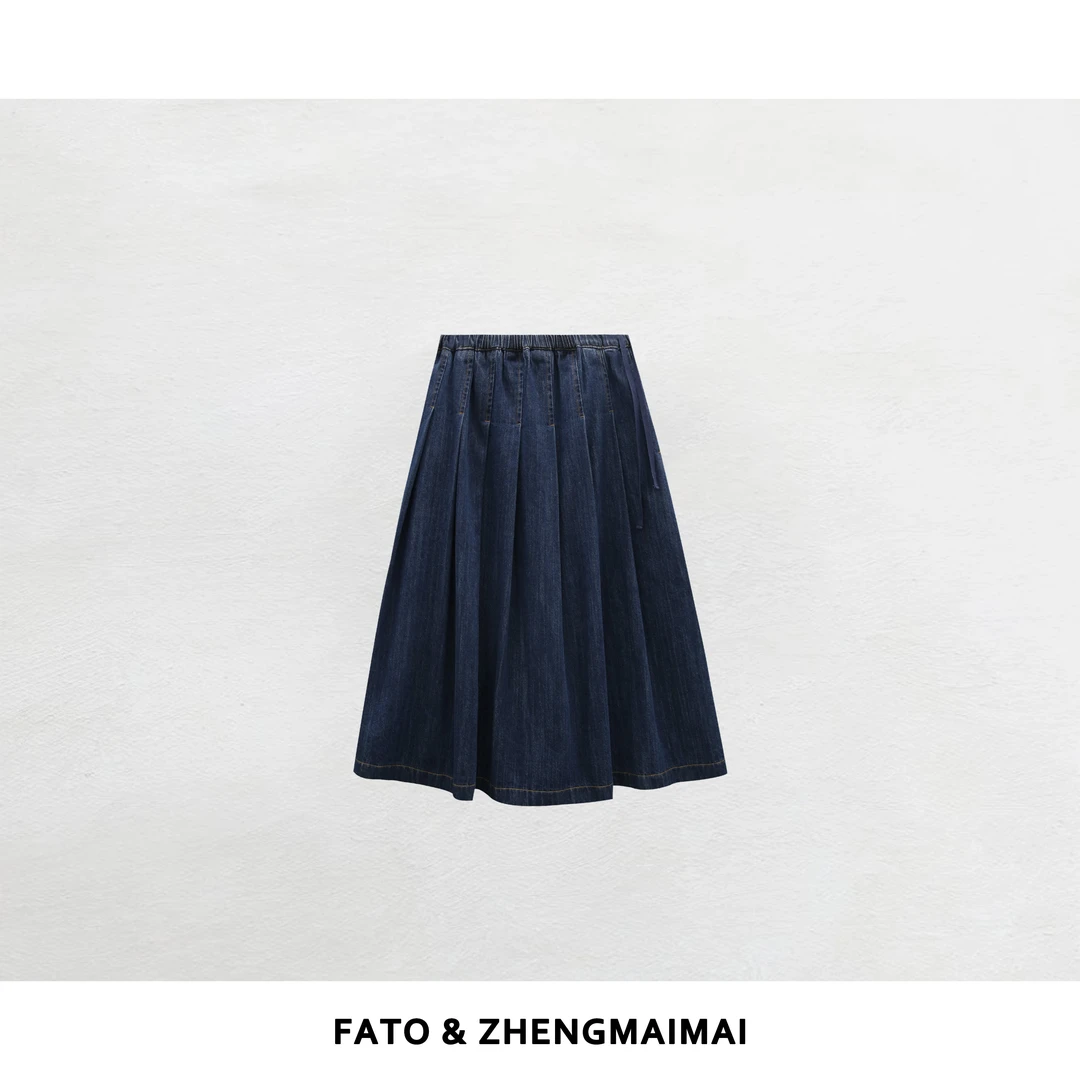 【郑买买】丹宁褶学 2025款高级感显瘦深蓝牛仔百褶半裙 QDD50808Q2