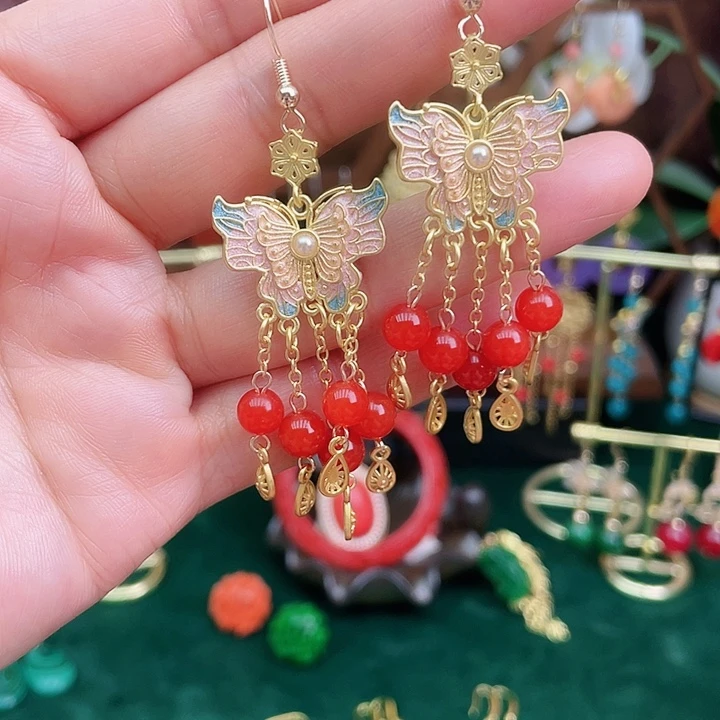 南红玛瑙耳饰合金南红蝴蝶流苏