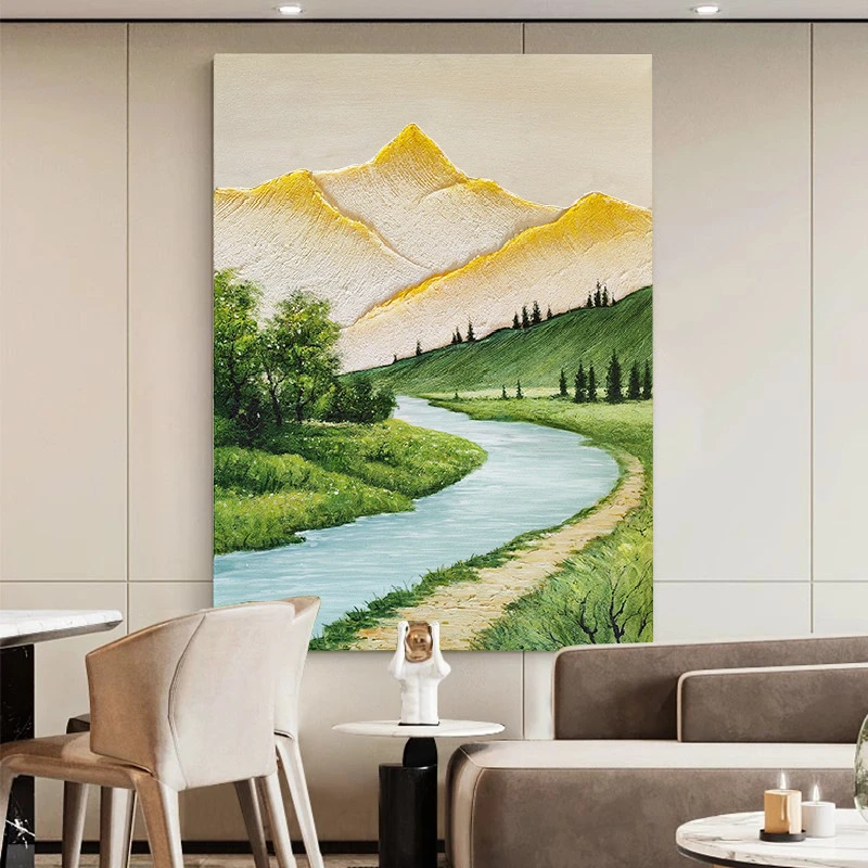 手绘油画日照金山玄关山水风景肌理画客厅装饰画抽象玄关墙上挂画