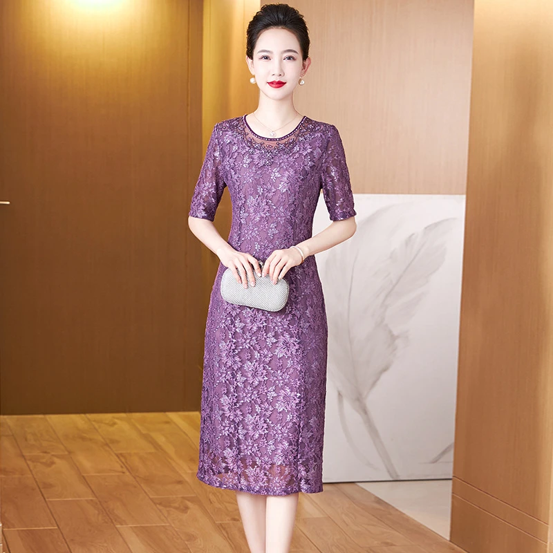 新款高档喜婆婆平时可穿宴会婚礼服夏季高贵紫色裙子连衣裙