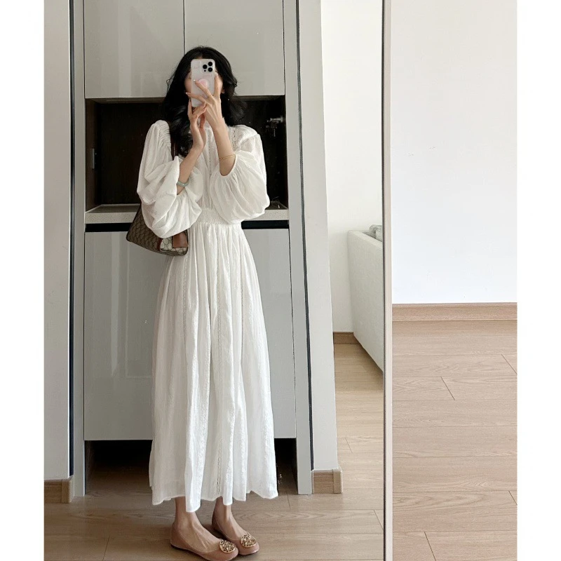 【智妍】连衣裙春季温柔泡泡袖财阀千金白色小香风牛仔裤女装长裙