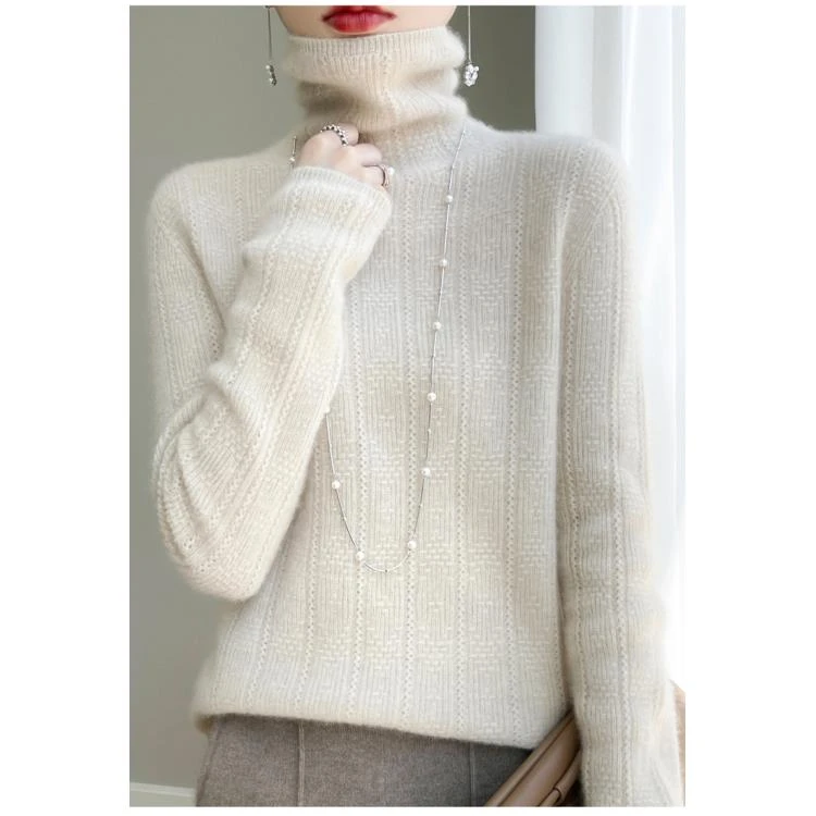 100%纯羊毛一线成衣提花堆堆领上衣D165清