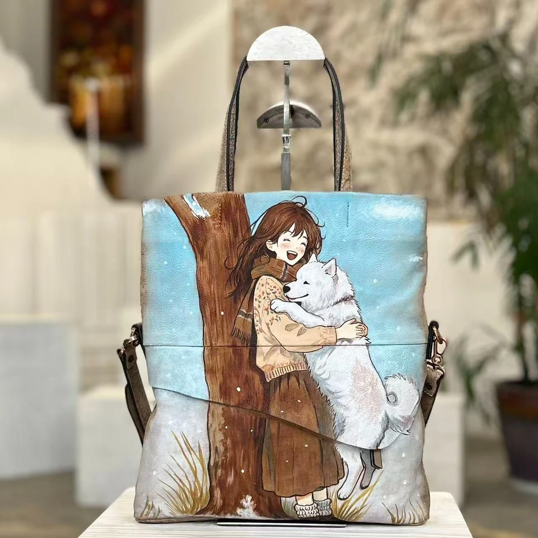 原创手绘真皮女包休闲斜挎包单肩包包女士手拎包头层牛皮通勤女包
