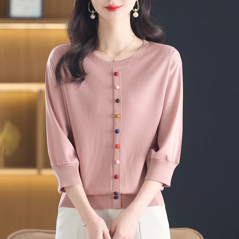 天丝针织衫薄款中袖上衣女七分袖高端t恤妈妈装春夏遮肚子打底衫