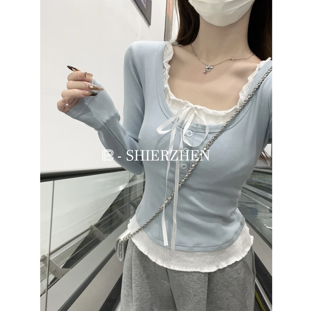 2025早春韩版撞色拼接纯欲甜美假两件设计感长袖内搭T恤上衣女