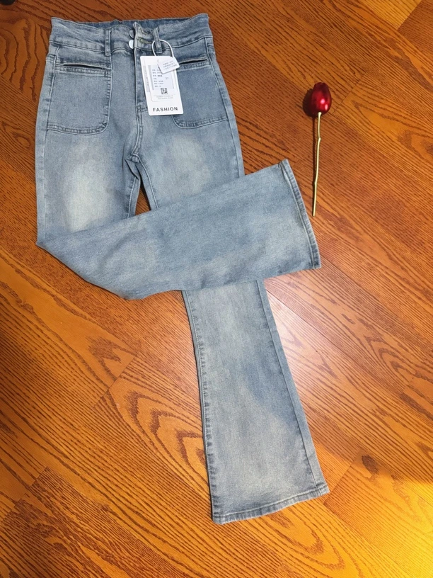 高腰修身浅色微喇牛仔裤女夏季新款弹力拖地喇叭裤