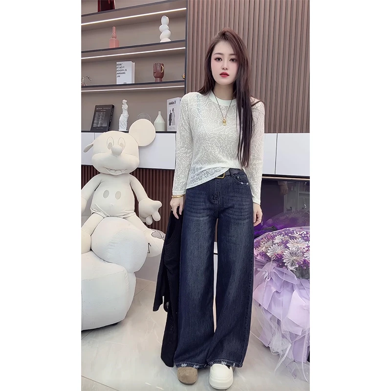 欧货秋冬新款提花圆领长袖T恤女修身时尚百搭洋气减龄打底衫上衣