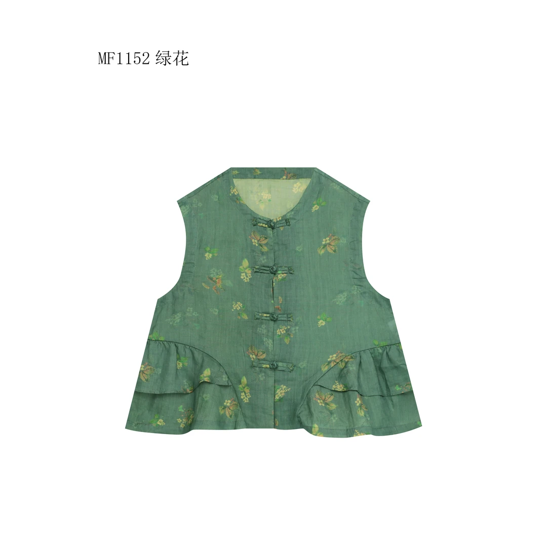 【麻訪家】MF1152绿花文艺印花减龄盘扣百搭坎肩开衫上衣