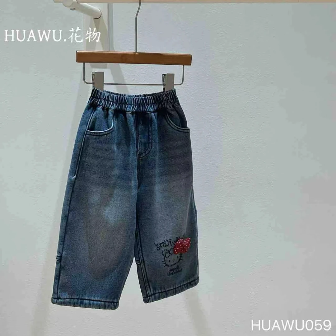 【现货】女童蓝色卡通一体绒牛仔裤（HW-HW059-冬A）0993