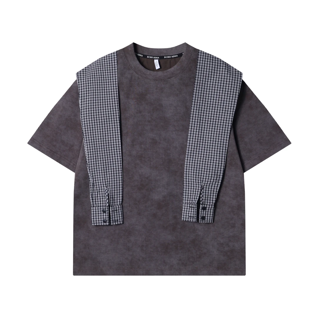 夏季新款时尚个性韩版扎染假两件披肩圆领短袖T恤复古宽松潮流