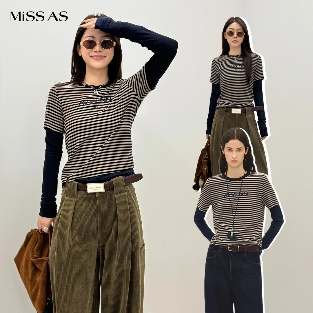 【AVVENN】时尚条纹宽松套头假两件长袖圆领T恤打底内搭上衣25秋冬