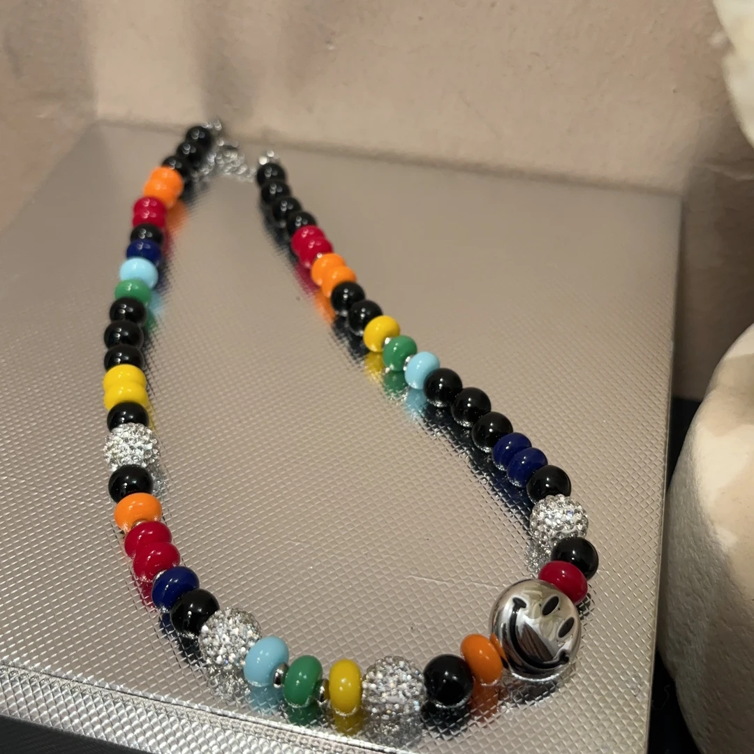 铜合金项链 东大门拼色笑脸珠珠项链X373