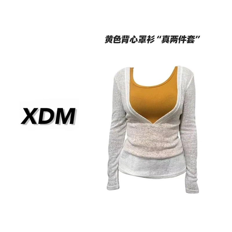 【橘子白巧】韩系肌理感透气长袖罩衫背心夏季大码显瘦真两件套3358