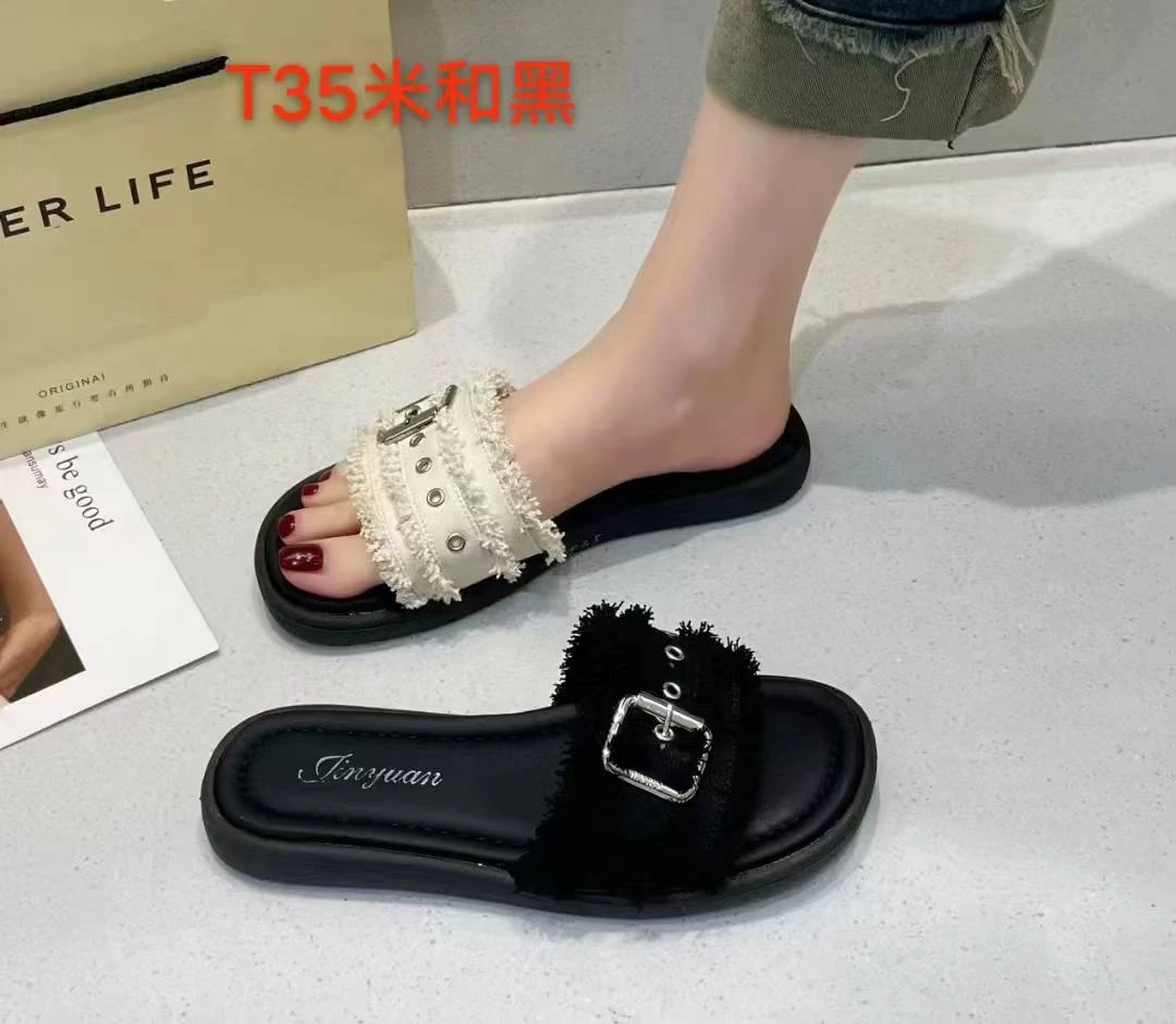 T35防滑平底少女风纯色小香风一字拖仙女风职场休闲风