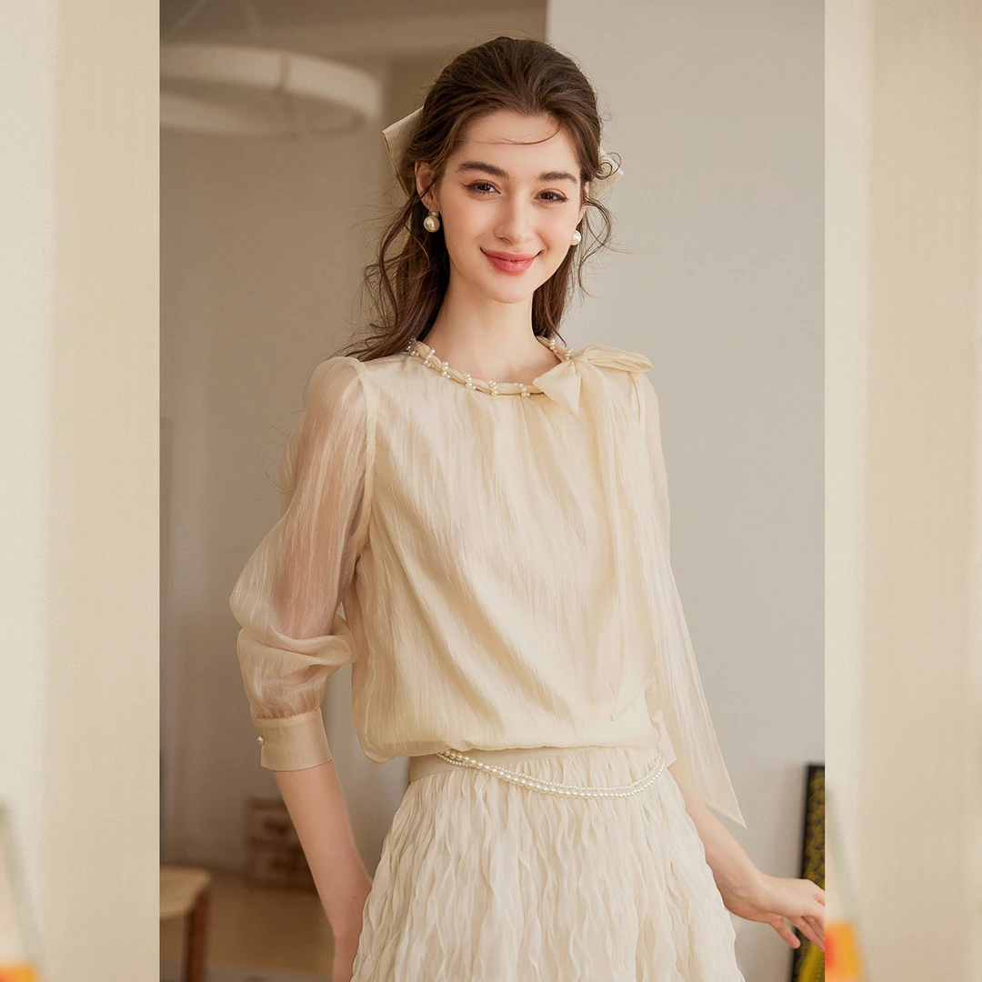 【黄蓉推荐】&白鹿语气质时尚优雅泡泡袖女装衬衫WBY20059