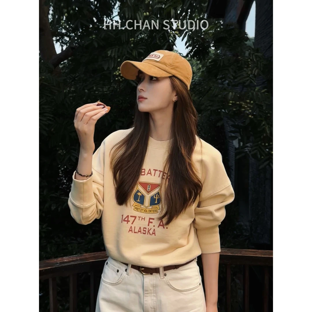 HH.CHAN“美式米杏”100%棉中古复刻美式复古圆领宽松卫衣HH5337265