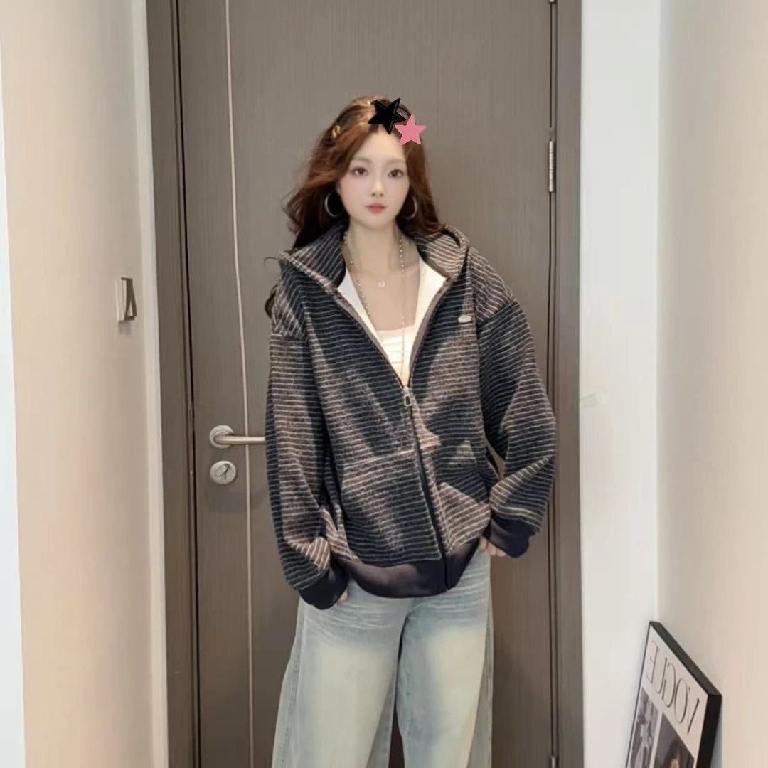 韩系条纹拉链开衫连帽卫衣外套女秋季美式复古宽松慵懒松驰感上衣