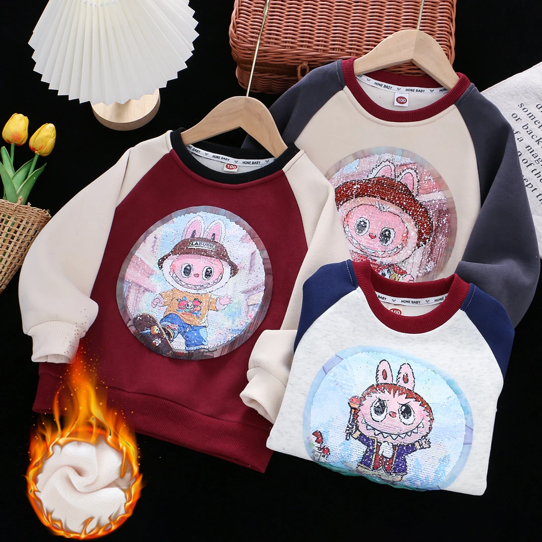 男童加绒卫衣炫酷爆款兔子男孩子插肩袖卫衣儿童冬季一体绒厚卫衣