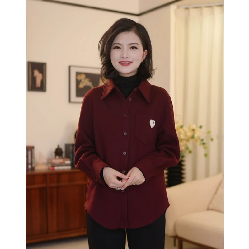 阿楠anan 心动讯号 百搭通勤纯色加厚翻领爱心衬衫女打底上衣