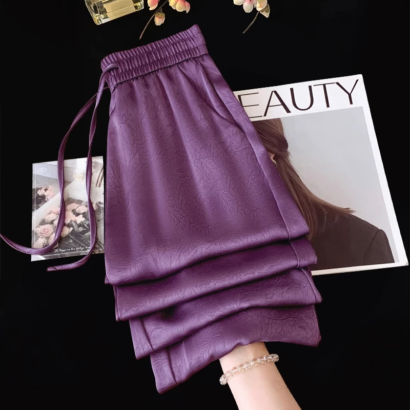 拉夏贝尔紫色醋酸印花阔腿裤女夏季2025新款垂坠感宽松显瘦直筒裤