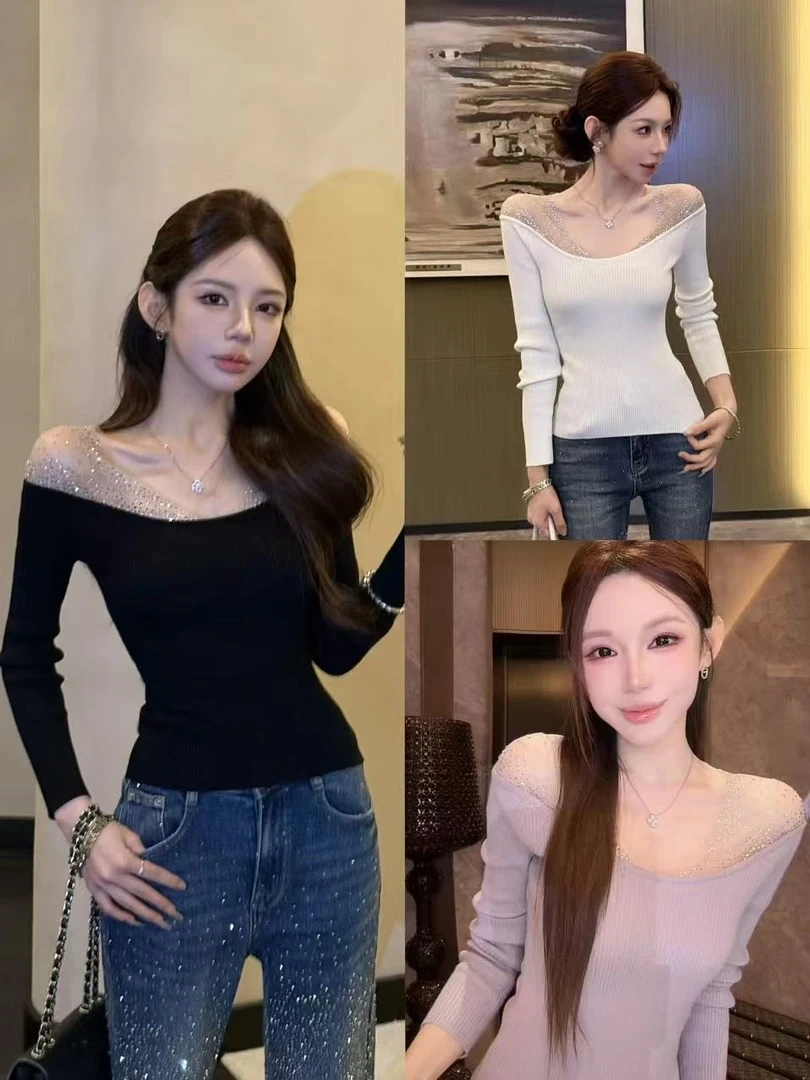 秋冬季设计感绵重工烫钻气质纯欲露肩秋季少女上衣打底衫可外穿