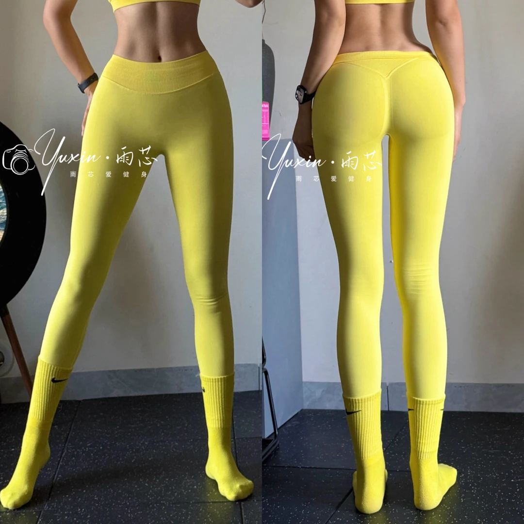 雨芯同款-【显臀提臀】中腰显瘦褶皱弹力针织无缝高腰健身裤打底裤