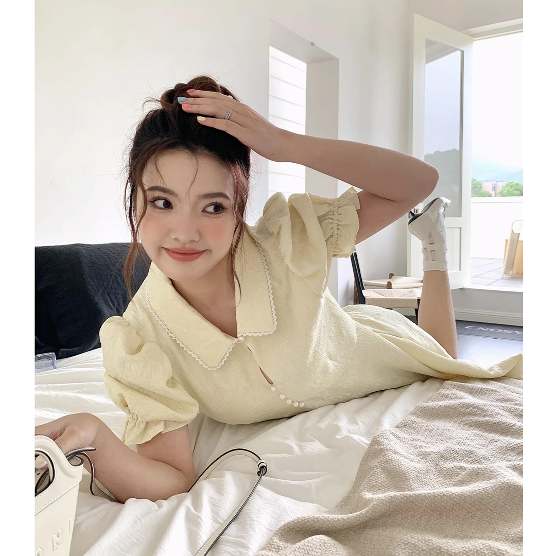 晶咕白标~兰亭琉璃～提花娃娃领连衣裙气质夏季复古法式时尚长裙