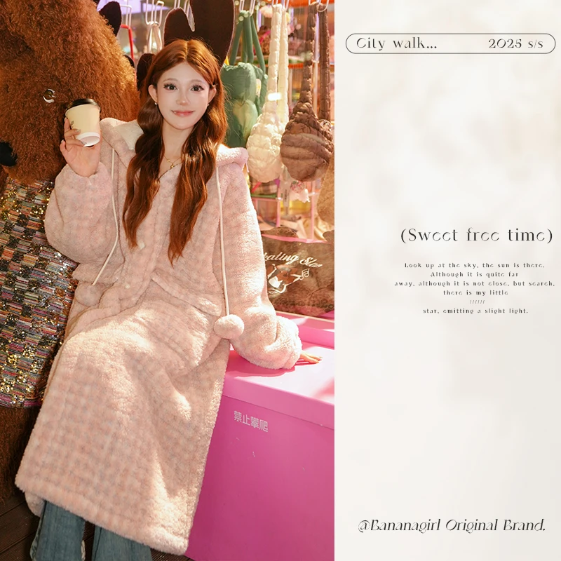 Bananagirl【心海之恋】睡衣女冬极寒羊羔绒毛连帽睡袍家居服可外穿