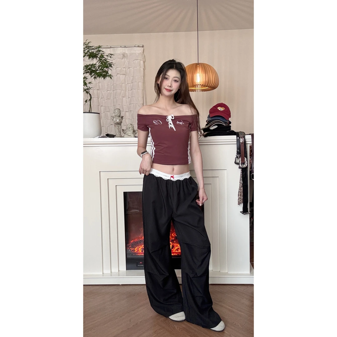 【饭困了】美式宽松西装休闲显瘦蕾丝边裤头裤百搭休闲直筒拖地裤子