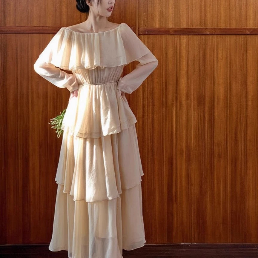 杏色一字肩连衣裙女春夏季法式高级感气质收腰显瘦中长款蛋糕裙子