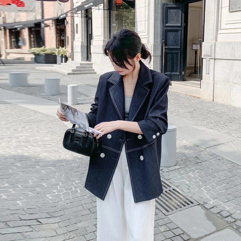 通勤风牛仔西装外套2025春秋新款气质韩系ins风简约拼接显瘦西服
