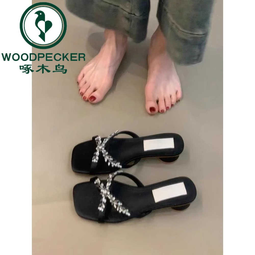 啄木鸟法式绝美水钻高跟鞋女交叉带方头露趾气质夏季外穿凉拖鞋