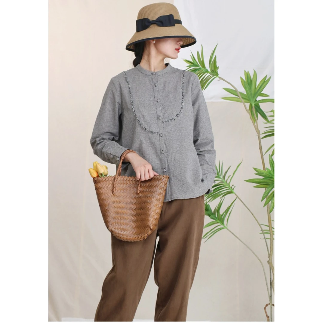 熹泮原创2025秋季新款千鸟格设计感小香风衬衫女文艺复古重工上衣