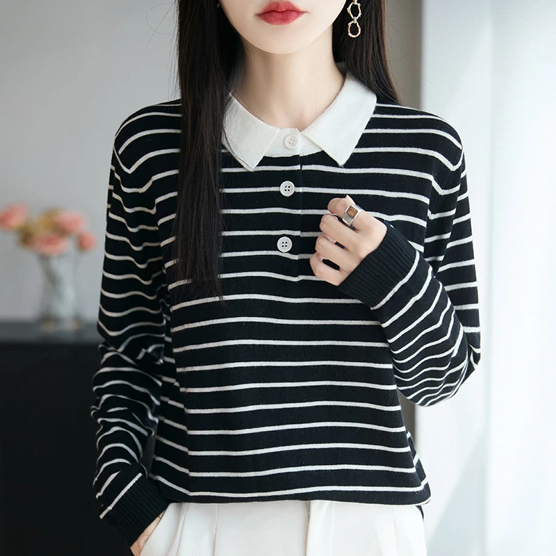 Polo领上衣女秋装2025新款大码条纹针织衫宽松显瘦薄款休闲打底衫