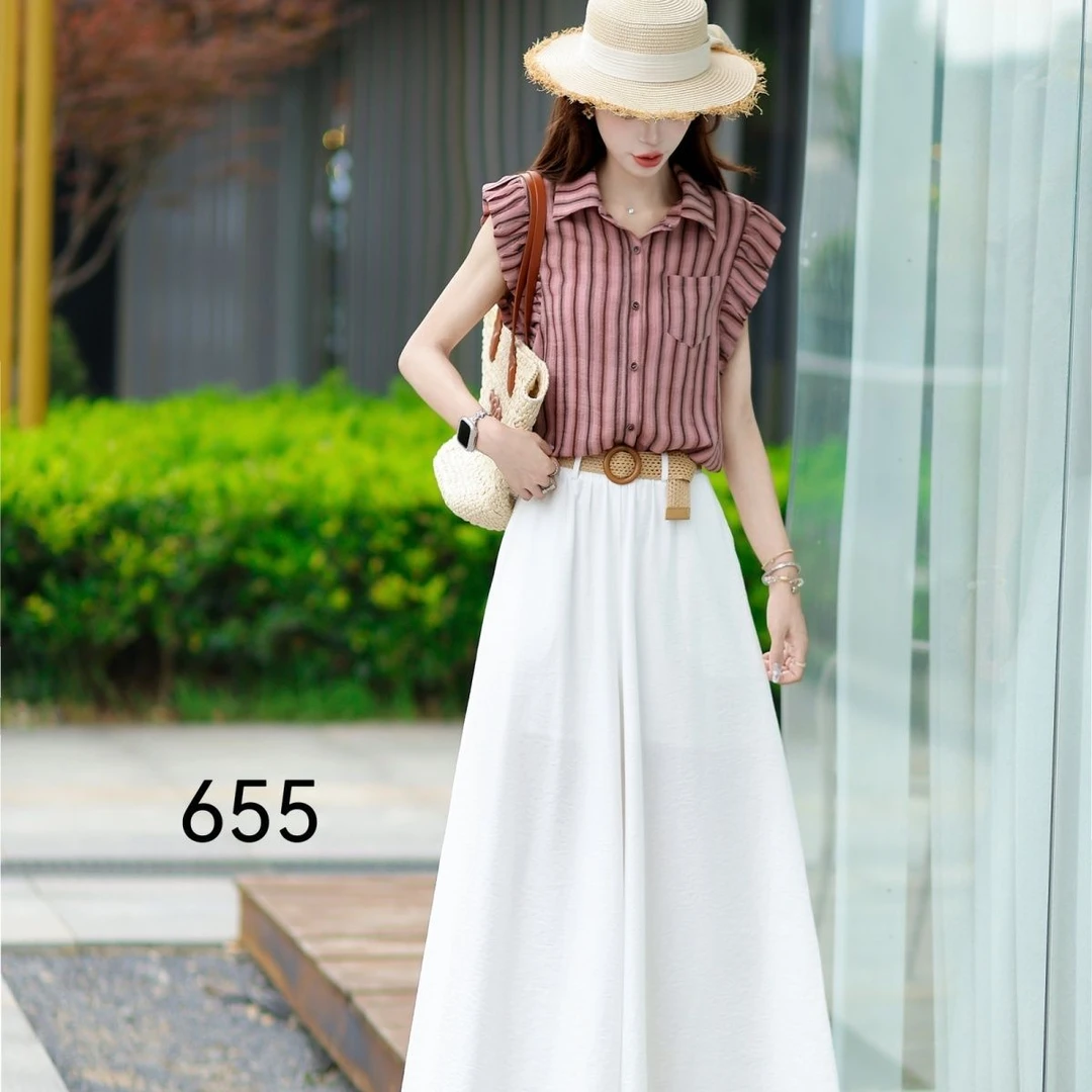 2025女款夏季薄款气质穿搭套装修身年轻上衣条纹半身裙显瘦两件套