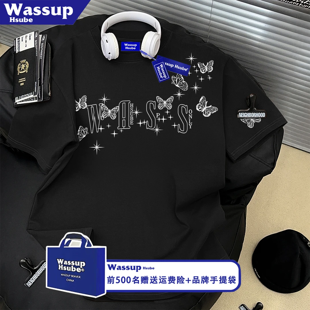 WASSUP HSUBE高级感创意蝴蝶字母印花短袖T恤男女潮牌百搭上衣服
