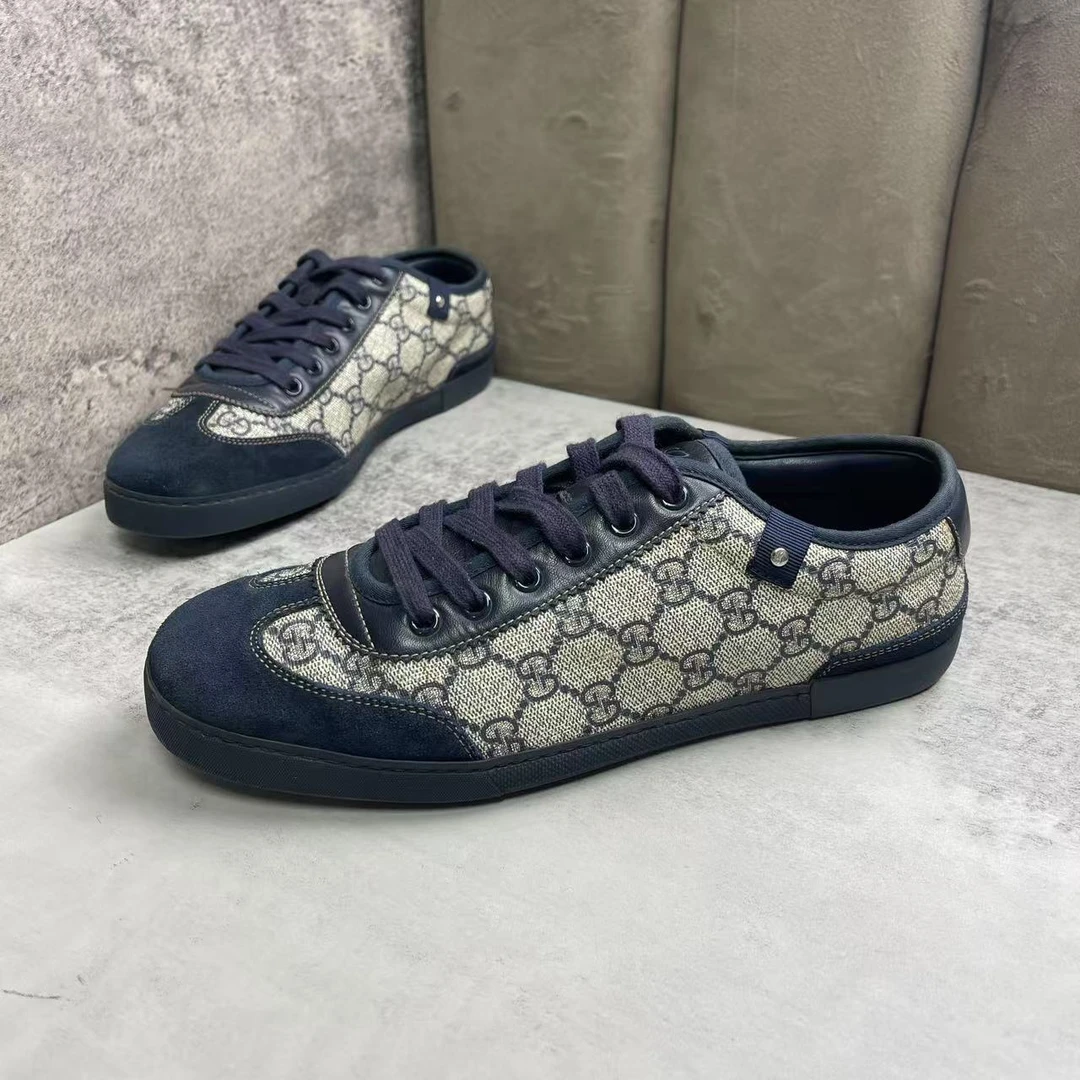 99新 GUCCI/古驰 藏蓝色双G印花时尚低帮休闲德训鞋/40码