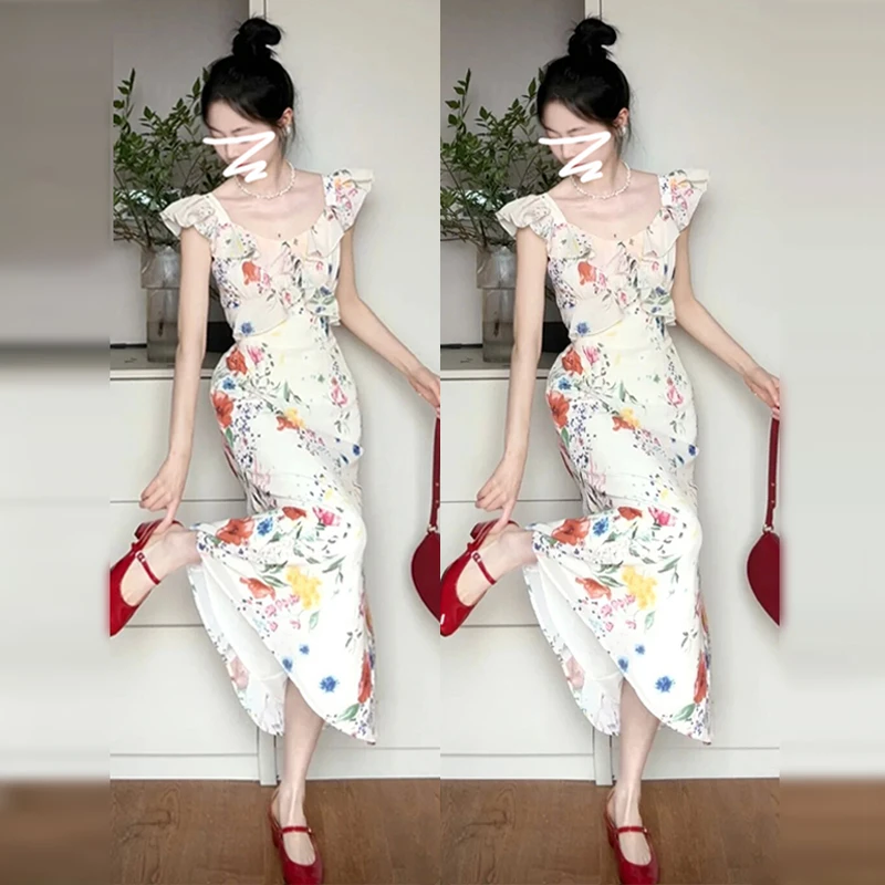 ZJ3920白色印花长裙显瘦小飞袖2025新款女装夏季方领连衣裙子气质