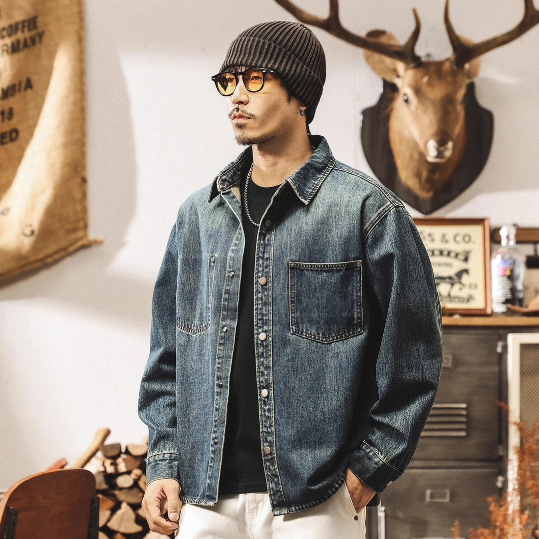 美式复古牛仔衬衫男长袖秋季时尚新款宽松百搭衬衣秋季潮牌外套男
