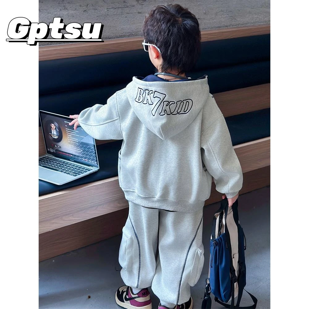 GPTSu男童时髦套装秋款新款帅气儿童韩版运动外套男孩痞帅工装裤