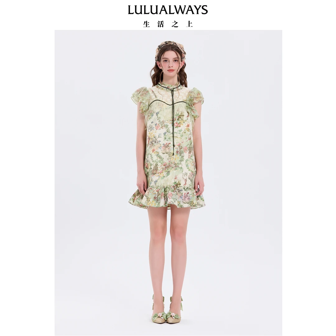 （华服系列）LULUALWAYS我爱露露25夏季法式直筒蕾丝荷叶边连衣裙
