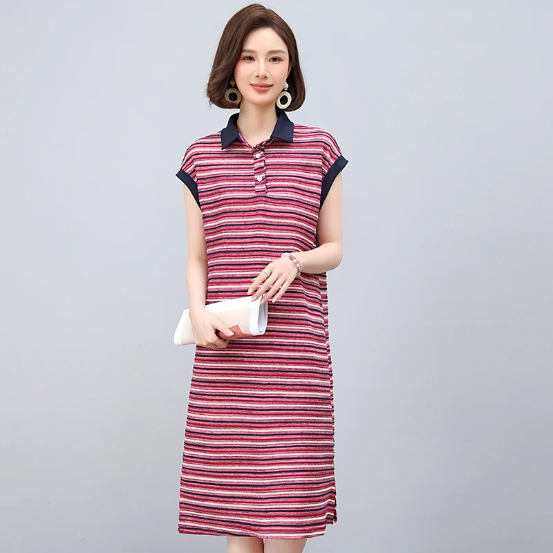 妈妈条纹短袖连衣裙夏季薄款2025新款时尚高级感休闲洋气减龄裙子