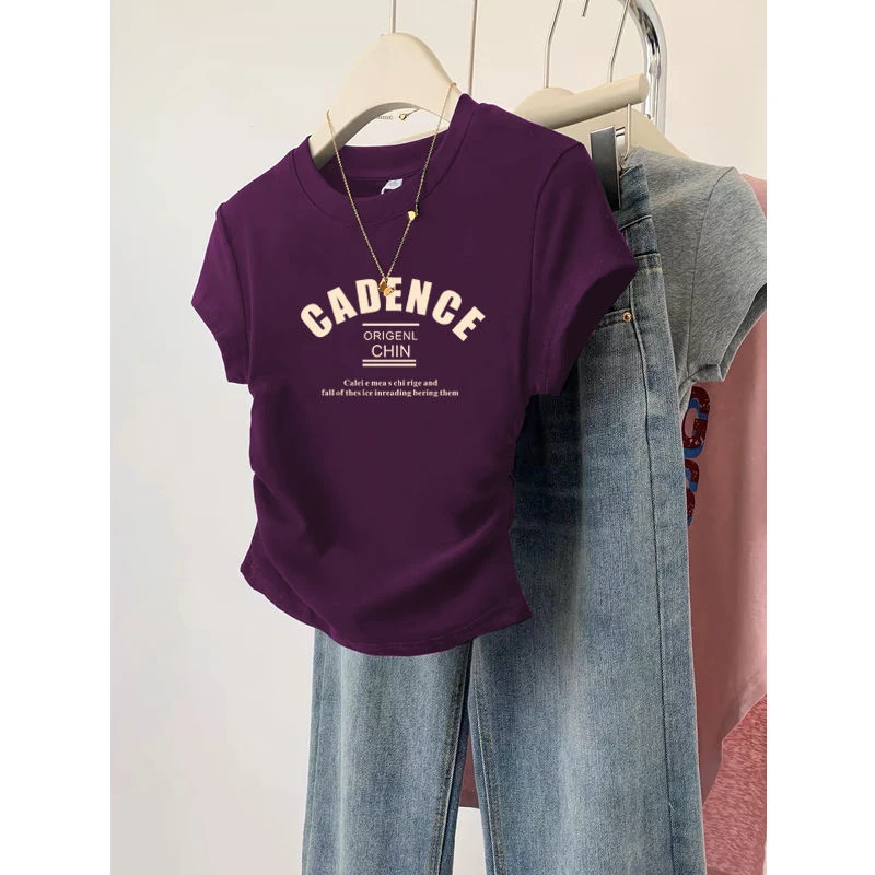不规则褶皱收腰正肩纯棉短袖t恤女2025新款修身显瘦紫色上衣夏季
