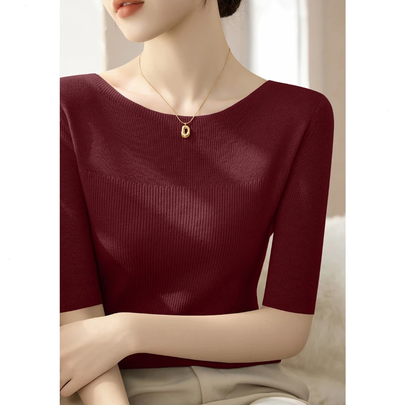 秋季五分袖t恤女装套头针织衫新款一字领百搭修身显瘦薄款上衣
