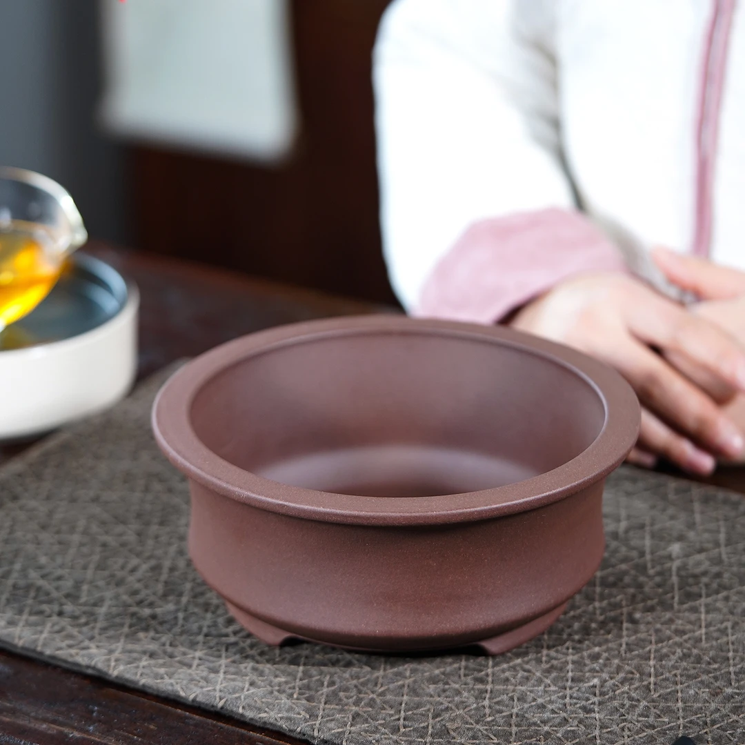 紫砂花盆陶瓷圆形盆景盆多肉绿植花卉老桩种树简约造型