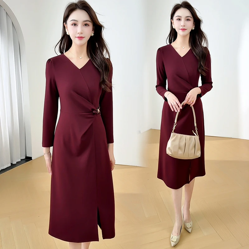 春秋酒红色连衣裙女装2025年新款结婚喜婆婆喜妈妈丈母娘婚宴裙子