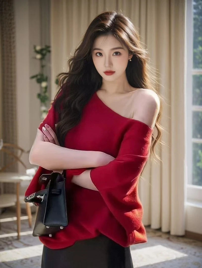 斜肩一字肩别致针织衫女夏季新款蝙蝠短袖上衣慵懒宽松卡其色T恤