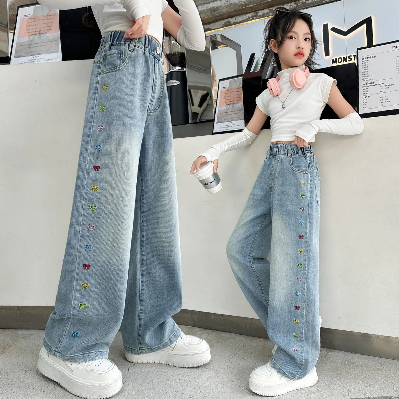 女童裤子2025新款洋气春夏装儿童中大童宽松刺绣牛仔裤夏季阔腿裤